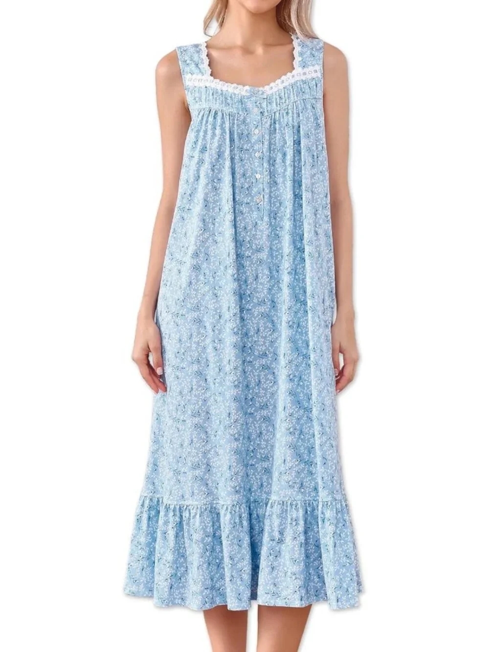 Vintage Floral Print Cotton Victorian Nightgown, Soft Sleeveless Sleep Dress for
